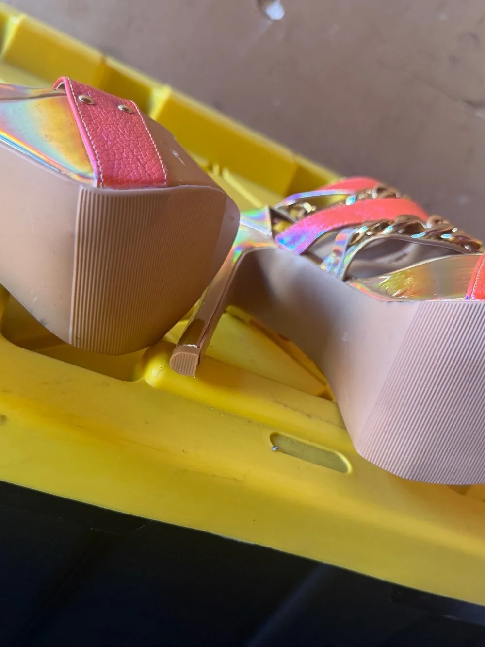 Shoe Republic LA Iridescent Pink Platform Heels with Gold Chain
